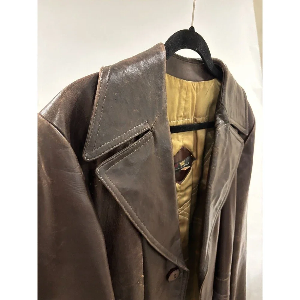 Vintage Spanish Soft Glove Leather Trench Coat Rich Brown Lined Belted Buttons - Picture 4 of 11